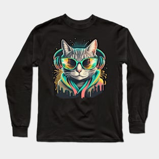 Neon Groove: Feline Beats and Shades Tee! Long Sleeve T-Shirt